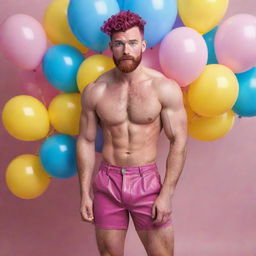 Hyperrealistic image of a muscular male model in his 20s with freckles, magenta curly pompadour hair, magenta Garibaldi beard, blue eyes, in a dynamic pose wearing skinny pink leather shorts, surrounded by yellow and blue balloons.