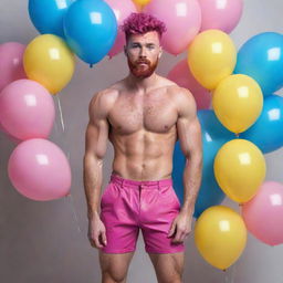 Hyperrealistic image of a muscular male model in his 20s with freckles, magenta curly pompadour hair, magenta Garibaldi beard, blue eyes, in a dynamic pose wearing skinny pink leather shorts, surrounded by yellow and blue balloons.