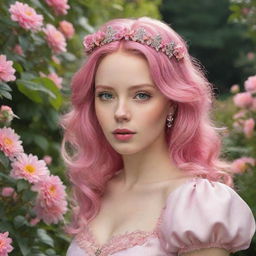 Hyper-realistic digital image of a pretty princess with pink hair, located in a stunning garden abundant with a variety of vibrant flowers.