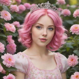 Hyper-realistic digital image of a pretty princess with pink hair, located in a stunning garden abundant with a variety of vibrant flowers.