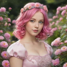 Hyper-realistic digital image of a pretty princess with pink hair, located in a stunning garden abundant with a variety of vibrant flowers.