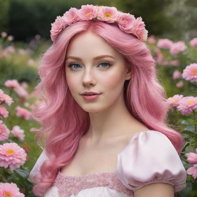 Hyper-realistic digital image of a pretty princess with pink hair, located in a stunning garden abundant with a variety of vibrant flowers.