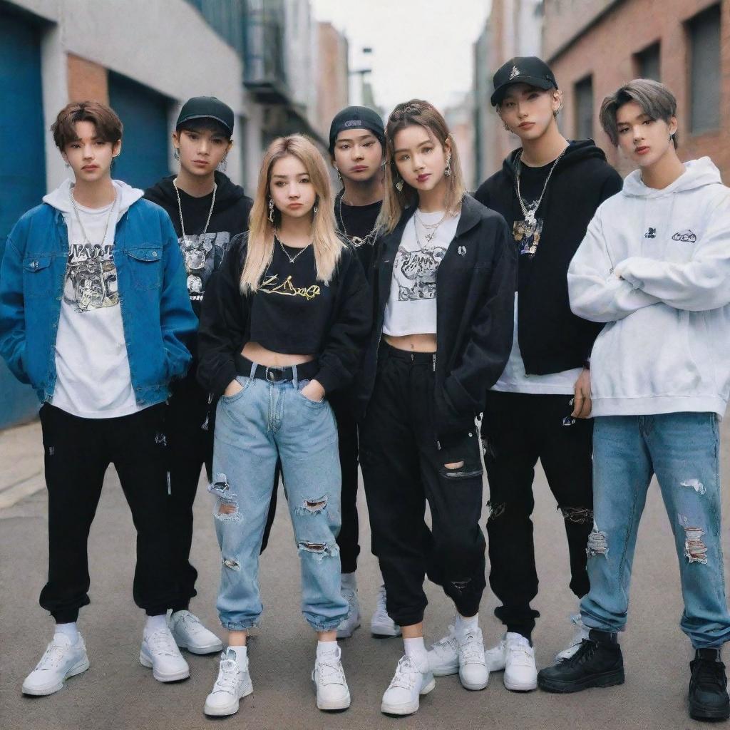 A girl imagined as a member of the Stray Kids band, standing together with the boys. Dressed similarly with a blend of hip-hop and street style fashion. Each has a charismatic and cool vibe.