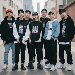 A girl imagined as a member of the Stray Kids band, standing together with the boys. Dressed similarly with a blend of hip-hop and street style fashion. Each has a charismatic and cool vibe.