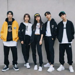 A girl imagined as a member of the Stray Kids band, standing together with the boys. Dressed similarly with a blend of hip-hop and street style fashion. Each has a charismatic and cool vibe.