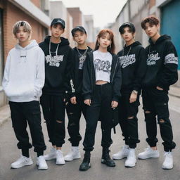 A girl imagined as a member of the Stray Kids band, standing together with the boys. Dressed similarly with a blend of hip-hop and street style fashion. Each has a charismatic and cool vibe.