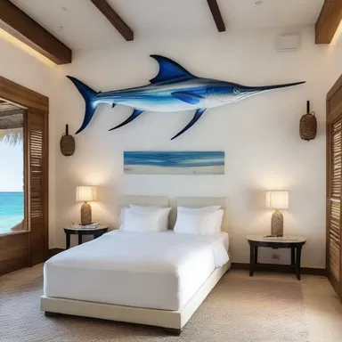 The luxurious beachfront villa had a stunning art installation of a white marlin mounted on the wall, adding a touch of elegance to the interior design.