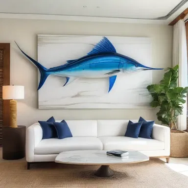 The luxurious beachfront villa had a stunning art installation of a white marlin mounted on the wall, adding a touch of elegance to the interior design.