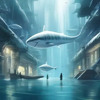 In the futuristic sci-fi novel, the protagonist travels to an underwater city where giant white marlins swim gracefully through the transparent tunnels.