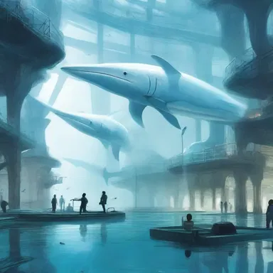 In the futuristic sci-fi novel, the protagonist travels to an underwater city where giant white marlins swim gracefully through the transparent tunnels.