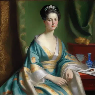 The artist diligently painted a portrait of a woman in a luxurious robe.