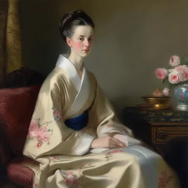 The artist diligently painted a portrait of a woman in a luxurious robe.