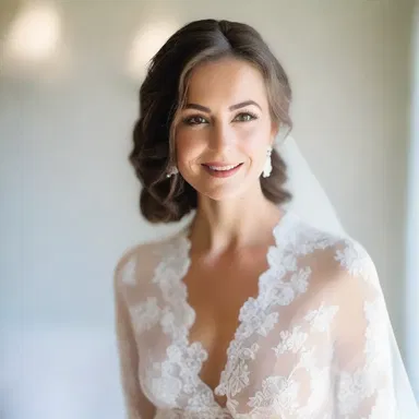 The bride looked stunning in her delicate lace robe on her wedding day.
