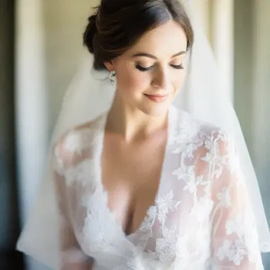 The bride looked stunning in her delicate lace robe on her wedding day.