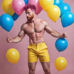 Hyperrealistic image of a muscular male model in his 20s with freckles, magenta curly pompadour hair, magenta Garibaldi beard, blue eyes, doing a dynamic pose seen from the back, wearing skinny pink leather shorts, surrounded by yellow and blue balloons.