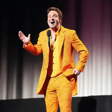 The comedian pretended to robe himself in a ridiculous outfit, much to the amusement of the audience.