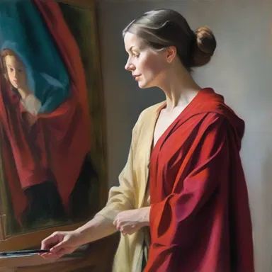 The artist skillfully painted a beautiful portrait, carefully robing the figure in rich, vibrant colors.