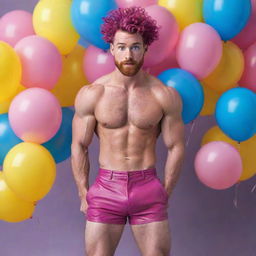 Hyperrealistic image of a muscular male model in his 20s with freckles, magenta curly pompadour hair, magenta Garibaldi beard, blue eyes, doing a dynamic pose seen from the back, wearing skinny pink leather shorts, surrounded by yellow and blue balloons.