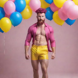 Hyperrealistic image of a muscular male model in his 20s with freckles, magenta curly pompadour hair, magenta Garibaldi beard, blue eyes, doing a dynamic pose seen from the back, wearing skinny pink leather shorts, surrounded by yellow and blue balloons.