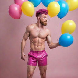 Hyperrealistic image of a muscular male model in his 20s with freckles, magenta curly pompadour hair, magenta Garibaldi beard, blue eyes, doing a dynamic pose seen from the back, wearing skinny pink leather shorts, surrounded by yellow and blue balloons.