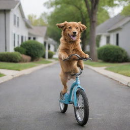 A playful dog balancing on a bike with its paws on the handlebars, speeding down a peaceful neighborhood street