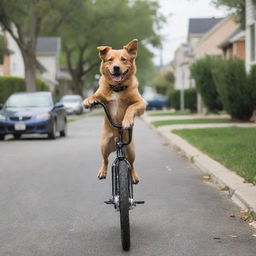 A playful dog balancing on a bike with its paws on the handlebars, speeding down a peaceful neighborhood street