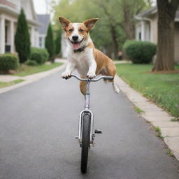 A playful dog balancing on a bike with its paws on the handlebars, speeding down a peaceful neighborhood street