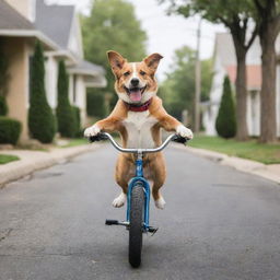 A playful dog balancing on a bike with its paws on the handlebars, speeding down a peaceful neighborhood street