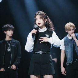 A ninth member of Stray Kids Kpop group, depicted as a stylish girl interacting with other band members on a vibrant stage under spotlight.