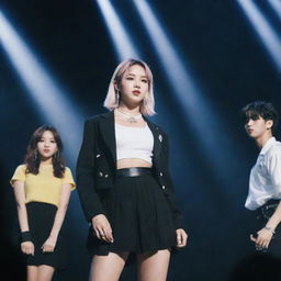 A ninth member of Stray Kids Kpop group, depicted as a stylish girl interacting with other band members on a vibrant stage under spotlight.