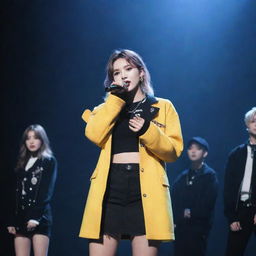 A ninth member of Stray Kids Kpop group, depicted as a stylish girl interacting with other band members on a vibrant stage under spotlight.