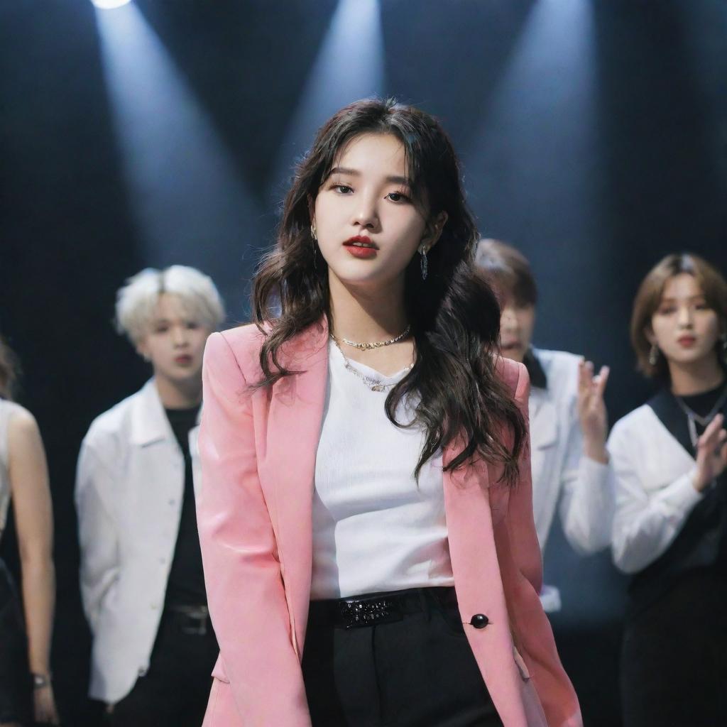 A ninth member of Stray Kids Kpop group, depicted as a stylish girl interacting with other band members on a vibrant stage under spotlight.