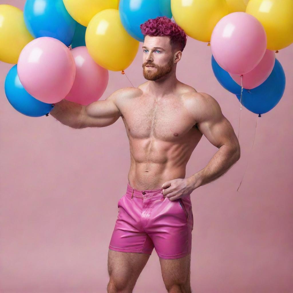 Hyperrealistic image of a muscular male model in his 20s with freckles, magenta curly pompadour hair, magenta Garibaldi beard, and blue eyes, doing a dynamic pose viewed from the back, wearing skinny pink leather shorts, surrounded by yellow and blue balloons.