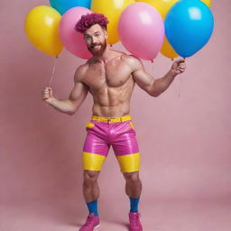 Hyperrealistic image of a muscular male model in his 20s with freckles, magenta curly pompadour hair, magenta Garibaldi beard, and blue eyes, doing a dynamic pose viewed from the back, wearing skinny pink leather shorts, surrounded by yellow and blue balloons.