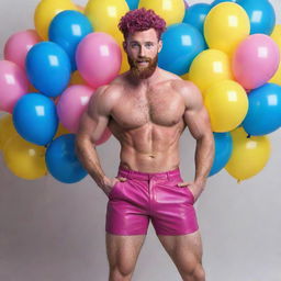 Hyperrealistic image of a muscular male model in his 20s with freckles, magenta curly pompadour hair, magenta Garibaldi beard, and blue eyes, doing a dynamic pose viewed from the back, wearing skinny pink leather shorts, surrounded by yellow and blue balloons.