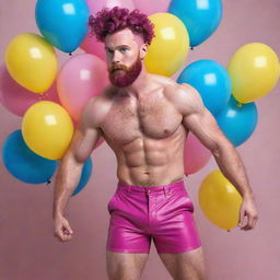 Hyperrealistic image of a muscular male model in his 20s with freckles, magenta curly pompadour hair, magenta Garibaldi beard, and blue eyes, doing a dynamic pose viewed from the back, wearing skinny pink leather shorts, surrounded by yellow and blue balloons.