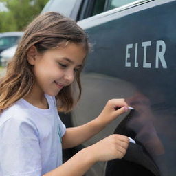 A youthful girl engaging in the act of inscribing letters onto the glossy surface of an automotive vehicle.