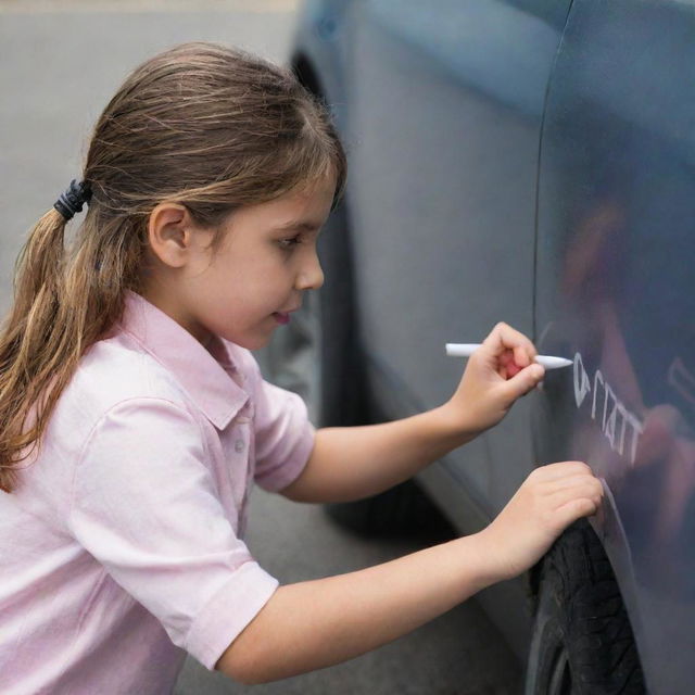 A youthful girl engaging in the act of inscribing letters onto the glossy surface of an automotive vehicle.