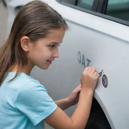 A youthful girl engaging in the act of inscribing letters onto the glossy surface of an automotive vehicle.