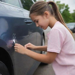 A youthful girl engaging in the act of inscribing letters onto the glossy surface of an automotive vehicle.