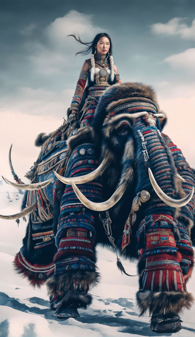 A Mongolian woman in traditional attire rides an armored mammoth in the tundra. The mammoth has two large tusks and a large trunk. The image is realistic and highly detailed.