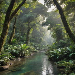 A lush, beautiful jungle with towering green trees, a crystal-clear stream weaving through, and vibrant, exotic wildlife moving amongst the foliage.