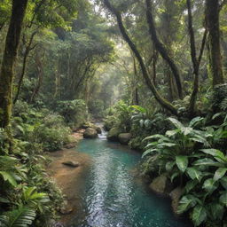 A lush, beautiful jungle with towering green trees, a crystal-clear stream weaving through, and vibrant, exotic wildlife moving amongst the foliage.