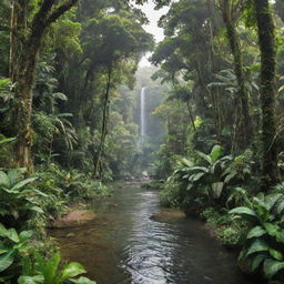 A lush, beautiful jungle with towering green trees, a crystal-clear stream weaving through, and vibrant, exotic wildlife moving amongst the foliage.