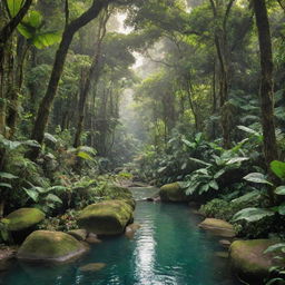 A lush, beautiful jungle with towering green trees, a crystal-clear stream weaving through, and vibrant, exotic wildlife moving amongst the foliage.