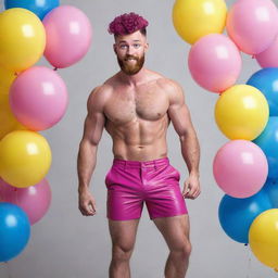 Hyperrealistic image of a muscular male model in his 20s with freckles, magenta curly pompadour hair, magenta Garibaldi beard, and blue eyes, doing a dynamic pose viewed from the back, wearing skinny pink leather shorts, surrounded by yellow and blue balloons.