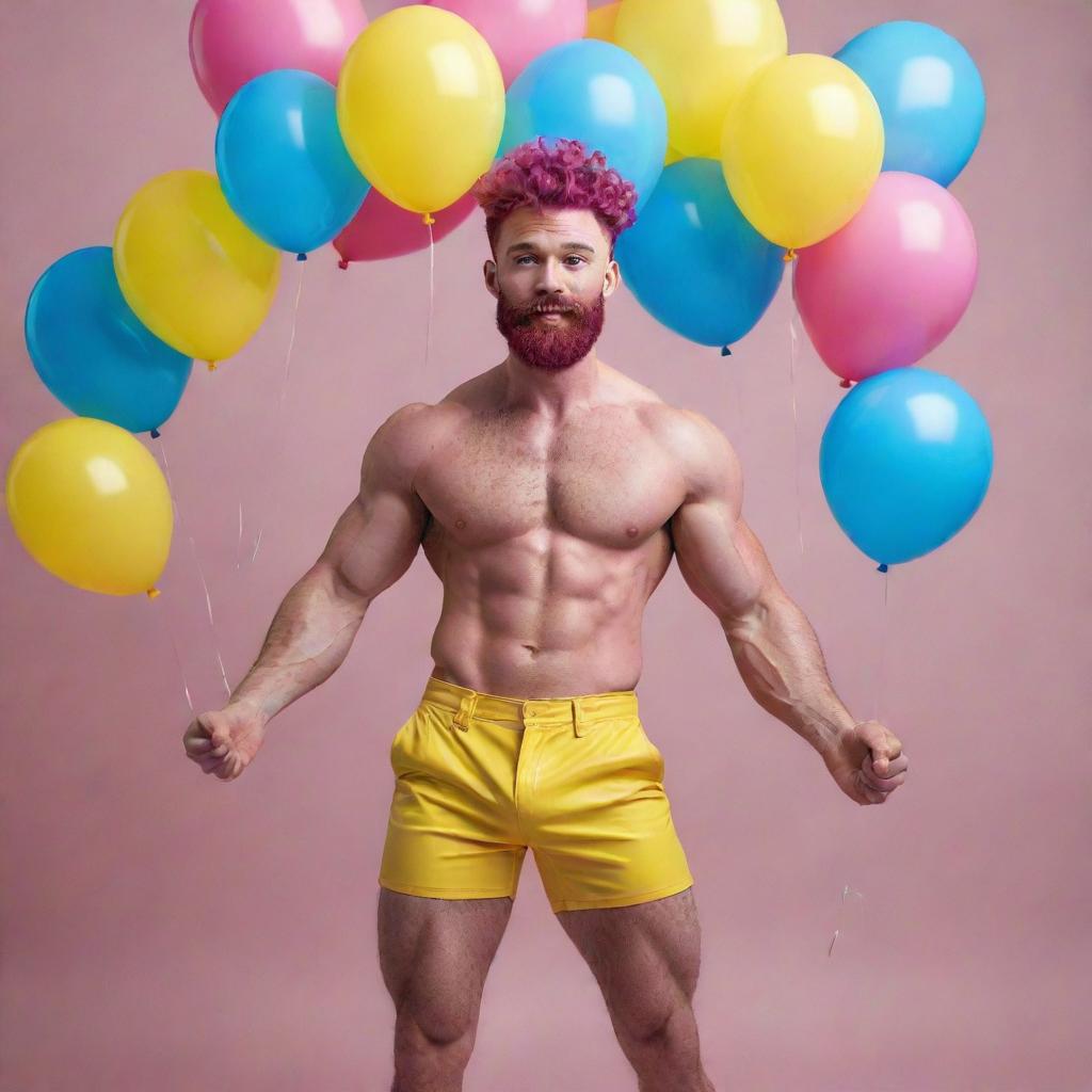 Hyperrealistic image of a muscular male model in his 20s with freckles, magenta curly pompadour hair, magenta Garibaldi beard, and blue eyes, doing a dynamic pose viewed from the back, wearing skinny pink leather shorts, surrounded by yellow and blue balloons.