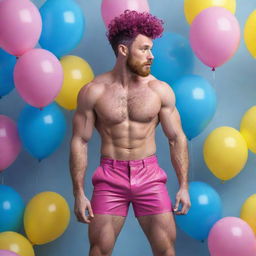 Hyperrealistic image of a muscular male model in his 20s with freckles, magenta curly pompadour hair, magenta Garibaldi beard, and blue eyes, doing a dynamic pose viewed from the back, wearing skinny pink leather shorts, surrounded by yellow and blue balloons.