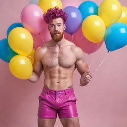 Hyperrealistic image of a muscular male model in his 20s with freckles, magenta curly pompadour hair, magenta Garibaldi beard, and blue eyes, doing a dynamic pose viewed from the back, wearing skinny pink leather shorts, surrounded by yellow and blue balloons.