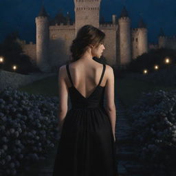 Hyper-realistic digital image of a woman wearing a black dress, facing her back, situated in a castle surrounded by ebony flowers under the enchanting glow of moonlight.